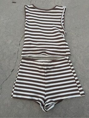 Two piece set Striped Crochet Knit Shorts and top — Brown & White